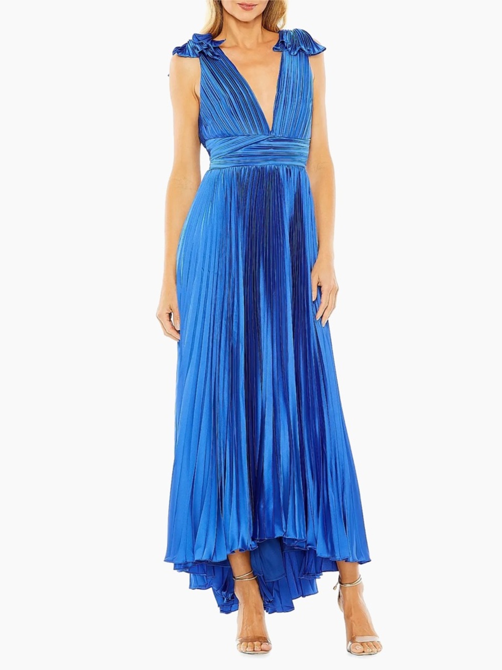 Mac Duggal Pleated Asymmetric Ruffled Gown